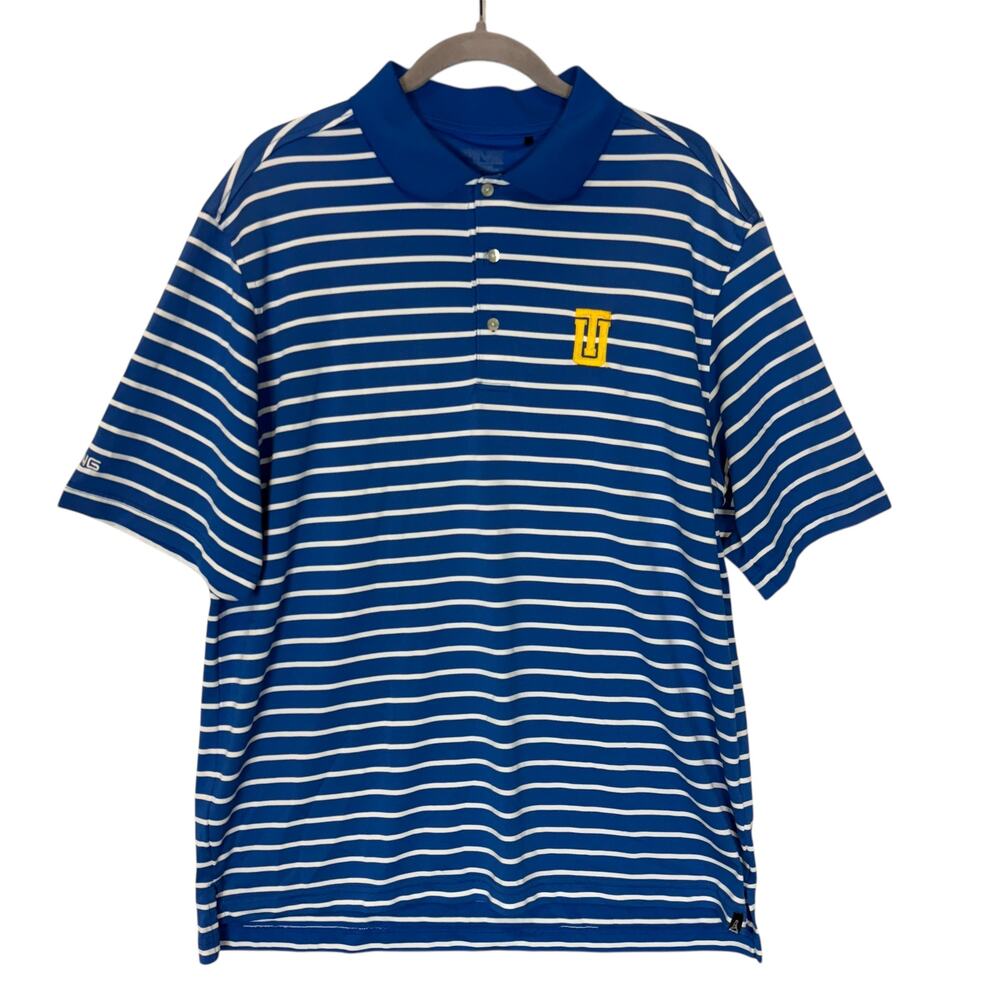 University of Tulsa Ping Polo Shirt Mens L Blue White Striped‎ Logo Short Sleeve